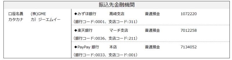 GME_銀行振込先